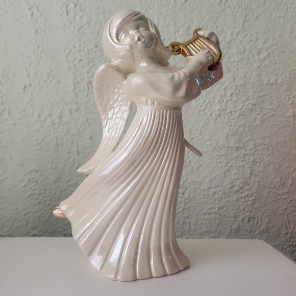 Large Vintage Glossy Porcelain Angel Figurine Playing Harp Christmas Signed 12" - Picture 2 of 11